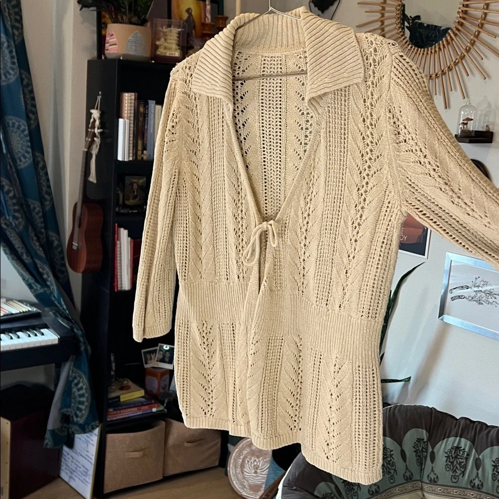 Women's Tie 3/4 Sleeve Knit Cardigan with Collar - Picture 8 of 8